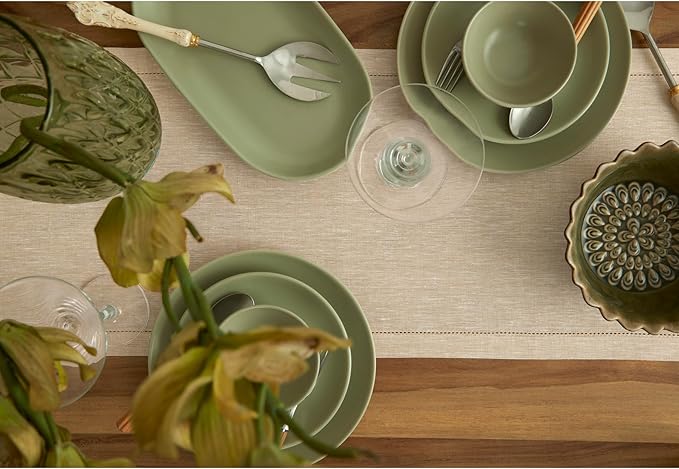 Solino Home Linen Table Runner 60 Inches - 100% Pure Linen Champagne Beige Hemstitch Table Runner 14 x 60 Inch Ideal for Dresser and Coffee Tables - Fall, Thanksgiving, Christmas, Holiday - Milan