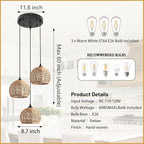 3-Light Mini Hemp Rope Woven Pendant Light Kitchen Island,3 Dome Hand Woven Boho Rattan Chandelier Farmhouse Wicker Ceiling Light,rustic Light Fixture For Living Room Hallway Dining Room(Bulb Incl.