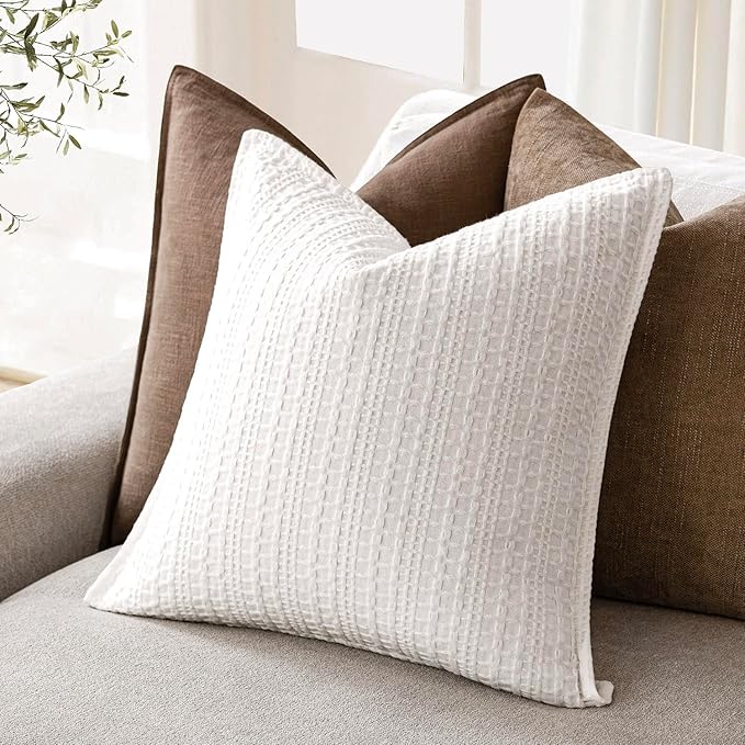Foindtower Set of 2 Decorative Cotton Waffle Weave Throw Pillow Covers Euro Shams Cushion Covers Accent European Pillowcase for Bed Couch Sofa Bedroom Living Room Home Decor 20×20 Inch Cream White
