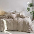 MooMee Striped Duvet Cover Set 100% Washed Cotton Linen Like Textured Breathable Durable Soft Comfy (Tannish Linen Grey White Wide Stripes, Super King 108"x98")