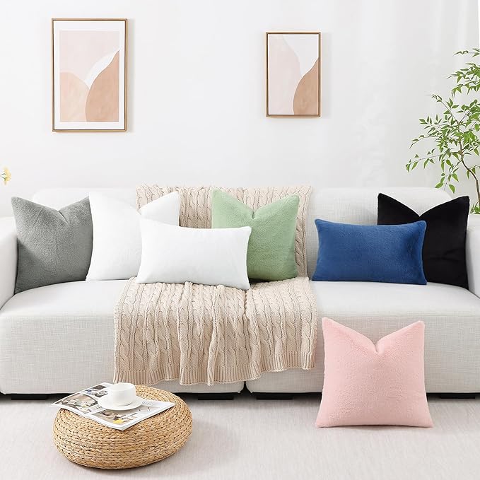 Pallene Faux Fur Plush Throw Pillow Covers 18x18 Set of 2, Luxury Soft Fluffy Cozy Decorative Pillow Covers for Sofa, Couch, Living Room, Black