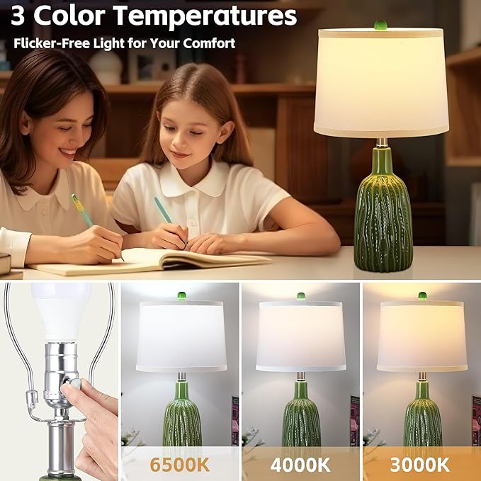 GRUENLICH Ceramic Table Lamp Set of 2 for Nightstand, 22.5" Modern Green Bedside Lamp with 3 Adjustable Color Temperature, Bedroom Lamp for Living Room Desk End Table Office (2 LED Bulbs Included)