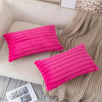 ZLINA Set of 2 Cream White Faux Fur Decorative Throw Pillow Covers Fluffy Striped Pillowcase Cushion Covers 12 x 20 Inch Decor Sofa Couch Bedroom