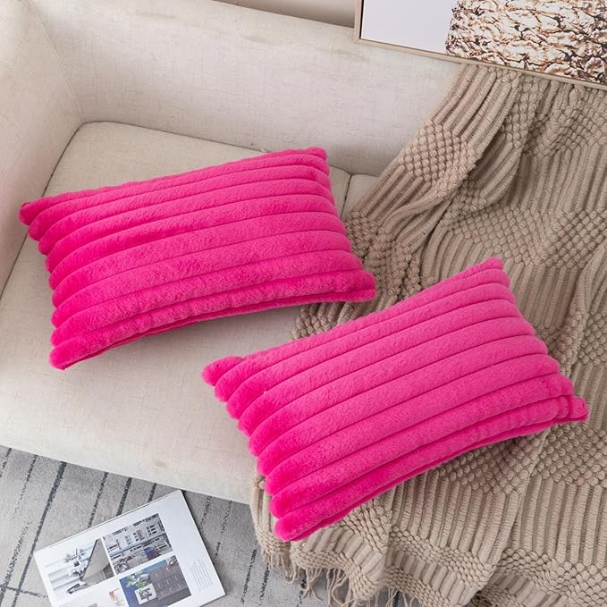 ZLINA Set of 2 Cream White Faux Fur Decorative Throw Pillow Covers Fluffy Striped Pillowcase Cushion Covers 12 x 20 Inch Decor Sofa Couch Bedroom