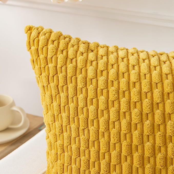 Kevin Textile Throw Pillow Covers Soft Corduroy Decorative Set of 2 Boho Striped Pillow Covers Pillowcases Farmhouse Home Decor for Couch Bed Sofa Living Room 24x24 Inch Mustard Yellow