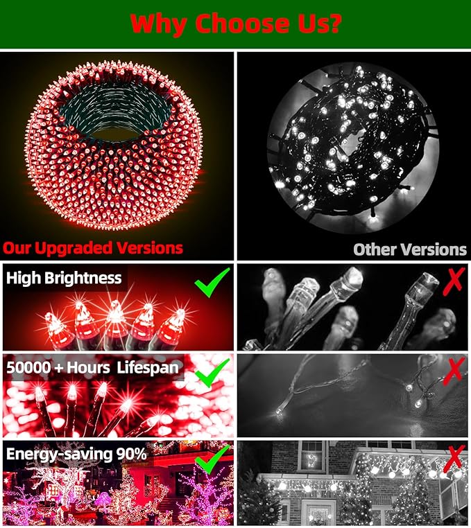 750 LED Outdoor Christmas Lights Decorations, 246ft Green Wire LED Christmas String Lights with Timer Memory, Twinkle Lighs for Indoor Outdoor Xmas Party Christmastree Wedding Garden Patio Red