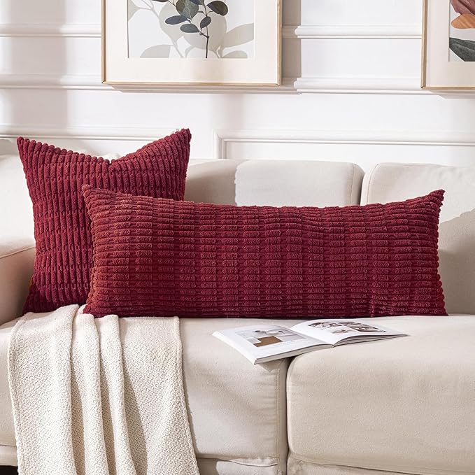 Fancy Homi Burgundy Long Body Lumbar Decorative Throw Pillow Covers 14x36 Inch for Bed Couch Bedroom Bench, Soft Corduroy Rectangle Solid Pillow Case, Rustic Farmhouse Boho Room Decor
