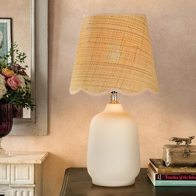 Pia Ricco 19" Modern Ceramic Table Lamp for Living Room Cream Base Desk Lamps for Bedroom Farmhouse Bedside Nightstand Lamp End Table Lamps,Beige,Rattan Shade