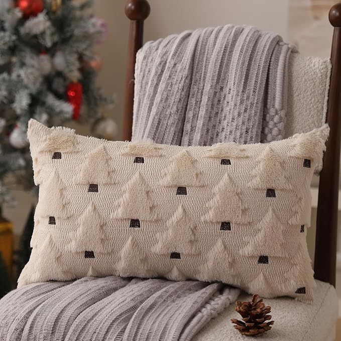 Christmas Pillow Covers 12x20 inch Set of 2 Xmas Decorations Soft Plush Faux Fur Wool Beige Christmas Tree Throw Pillow Cases Winter Holiday Decor for Sofa Living Room PT-002C12
