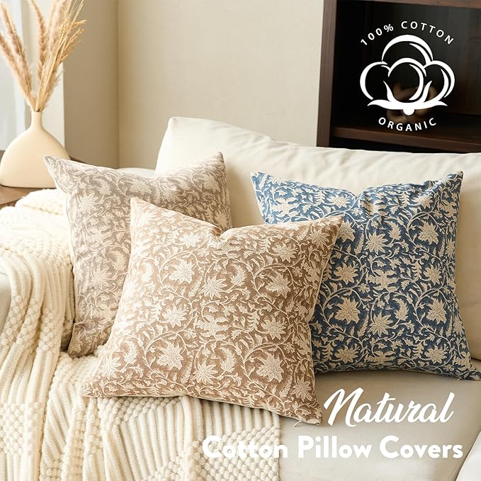 Floral Throw Pillow Covers 18x18 Farmhouse Block Print Pillow Covers Decorative Pillow Covers Couch Pillows for Living Room Vintage Accent Sofa Pillows Set of 2, Vintage Blue