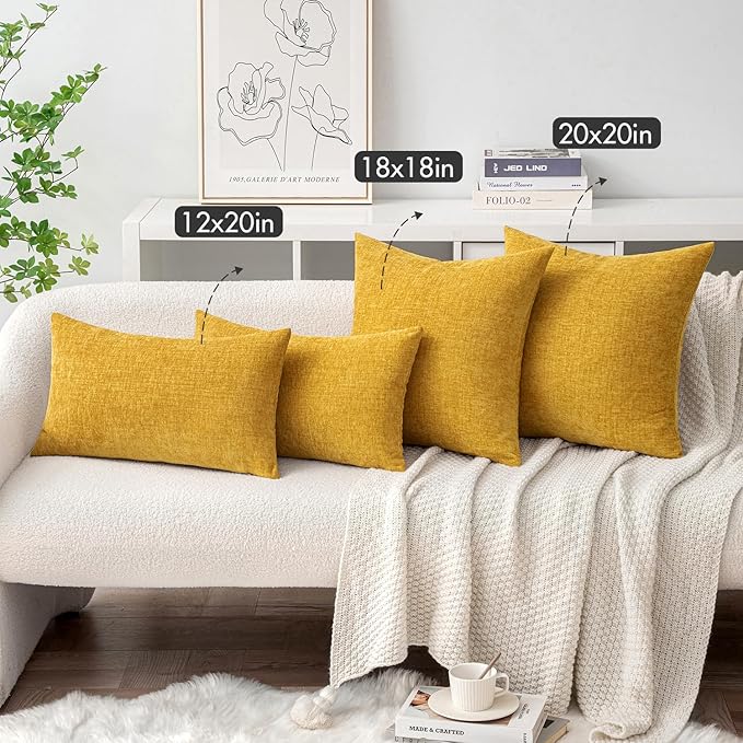 MIULEE Pack of 2 Mustard Yellow Throw Pillow Covers 12x20 Inch Soft Spring Chenille Pillow Covers for Sofa Living Room Couch Solid Dyed Cases