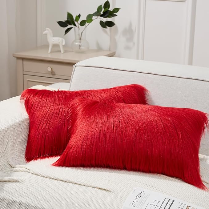Phantoscope Pack of 2 Christmas Faux Fur Throw Pillow Covers Cushion Covers Luxury Soft Decorative Pillowcase Fuzzy Pillow Covers for Bed/Couch, Red 12 x 20 Inches
