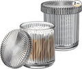 2 Pack Qtip Holder - Apothecary Jars with Lids, Bathroom Organizers and Storage Canister for Cotton Balls,Swabs,Floss Picks,Hair Ties,Clear Glass Vintage Bathroom Decor Jar Set (Gray)