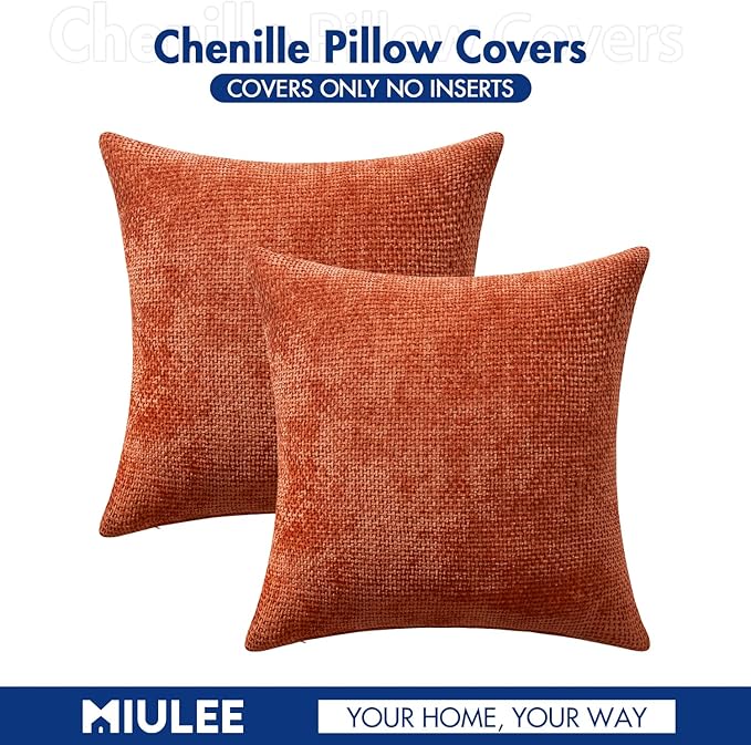 MIULEE Pack of 2 Fall Burnt Orange Decorative Pillow Covers 20x20 Inch Soft Chenille Couch Throw Pillows Farmhouse Cushion Covers for Home Decor Sofa Bedroom Living Room