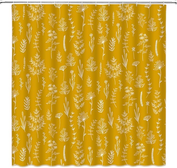 Yellow Herbs Shower Curtain Boho Floral Retro Botanical Vintage Farmhouse Cute Leaves Plant Flowers Bathroom Curtain Set with Hooks(59" Wx70 H)