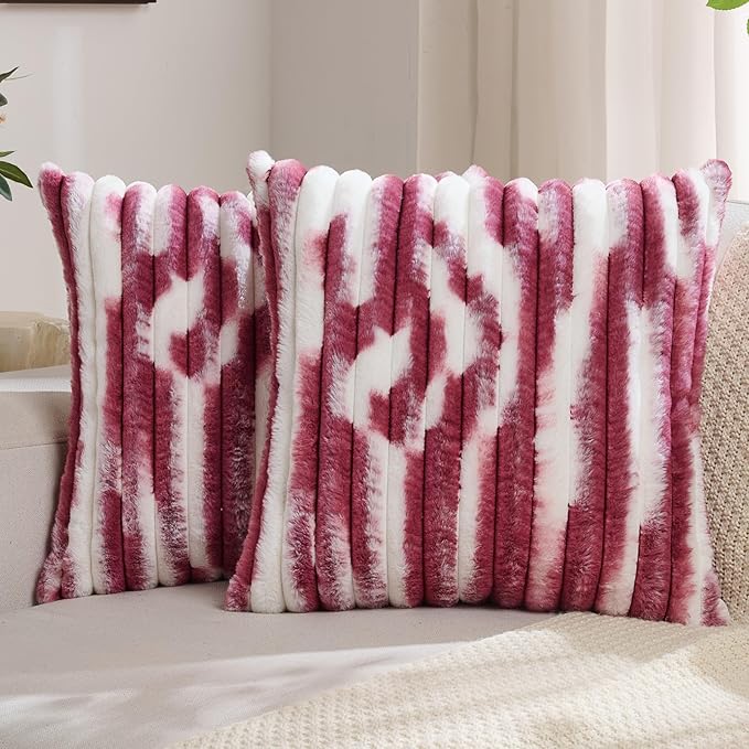 FUTEI Burgundy Decorative Throw Pillow Covers 18x18 Inch Set of 2, Soft Tie-Dye Faux Rabbit Fur Striped Texture Cushion Case, Modern Home Decor for Couch Bed Living Room