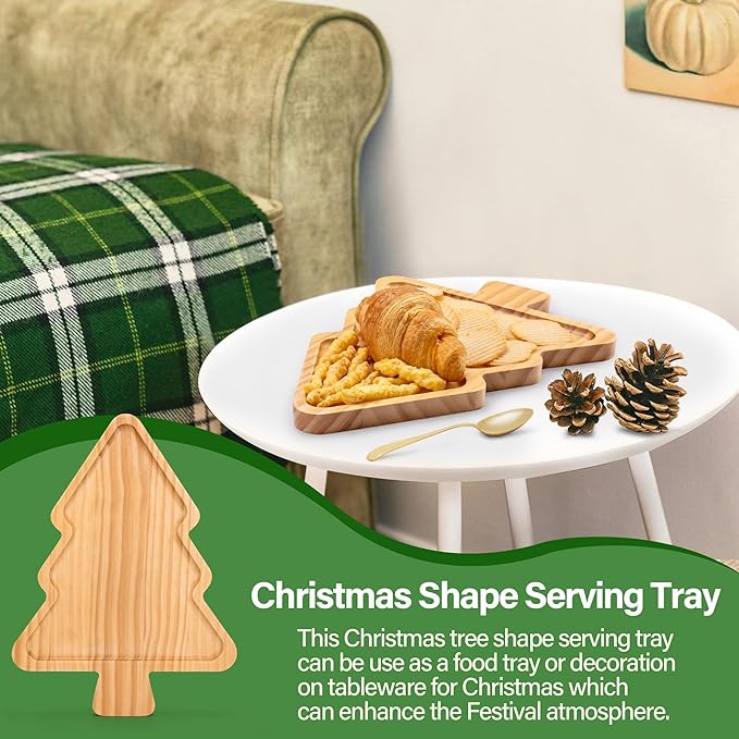 Christmas Tree Shaped Wooden Serving Tray - 12" Charcuterie Board for Cheese, Snacks, Appetizers & Desserts - Holiday Platter with Handles, Christmas Decorative Tray (12 x 8.7 x 0.6 Inches)