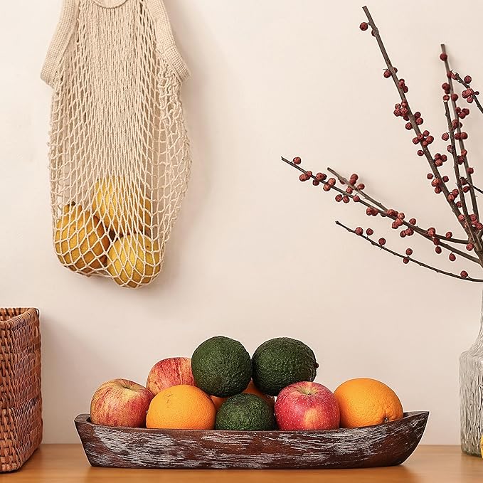 Rustic Wooden Serving Tray, Boat Shape Decorative Tray Vintage Centerpiece, Farmhouse Rustic Trays, Key Tray, Decorative Platter for Countertop Home Decorations- Distressed Brown。(Size L)
