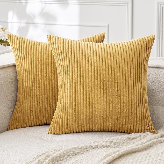 MIULEE Winter Fall Pack of 2 Corduroy Soft Soild Decorative Square Throw Pillow Covers Cushion Cases Pillowcases for Sofa Bedroom Car 16 x 16 Inch 40 x 40 Cm Gold