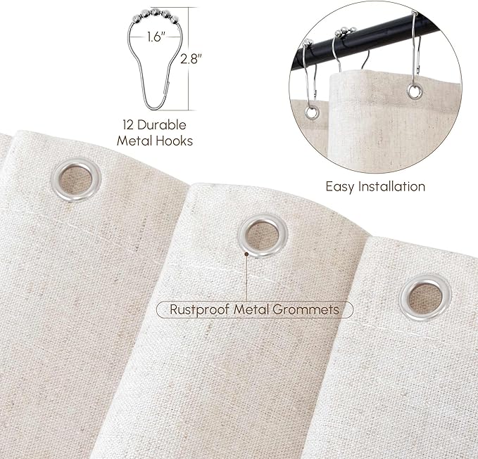 WELTRXE Linen Shower Curtain, Fabric Shower Curtain Set, Rustic Bathroom Decor, Heavy Duty Fabric Water Repellent with 12 Rust-Proof Metal Hooks, for Bathroom Hotel Bathtub, Beige, 72x72 Inch