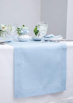 Solino Home Linen Sky Blue Table Runner 132 Inches Long - 100% Pure Linen Extra Long Table Runner 14 x 132 Inch for Christmas - Classic Hemstitch