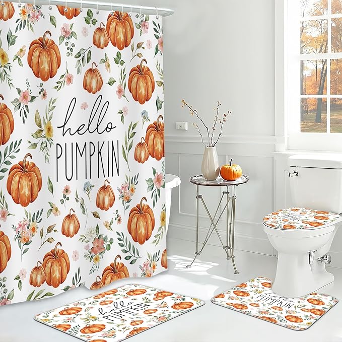 MEHOFOND 4pcs Hello Pumpkin Floral Shower Curtain Set,Fall Eucalyptus Leaves Pink Flower Shower Curtain Sets,Autumn Thanksgiving Festival Holiday Bathroom Bath Decor Curtains with Hooks 72 x72Inch