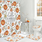 MEHOFOND 4pcs Hello Pumpkin Floral Shower Curtain Set,Fall Eucalyptus Leaves Pink Flower Shower Curtain Sets,Autumn Thanksgiving Festival Holiday Bathroom Bath Decor Curtains with Hooks 72 x72Inch