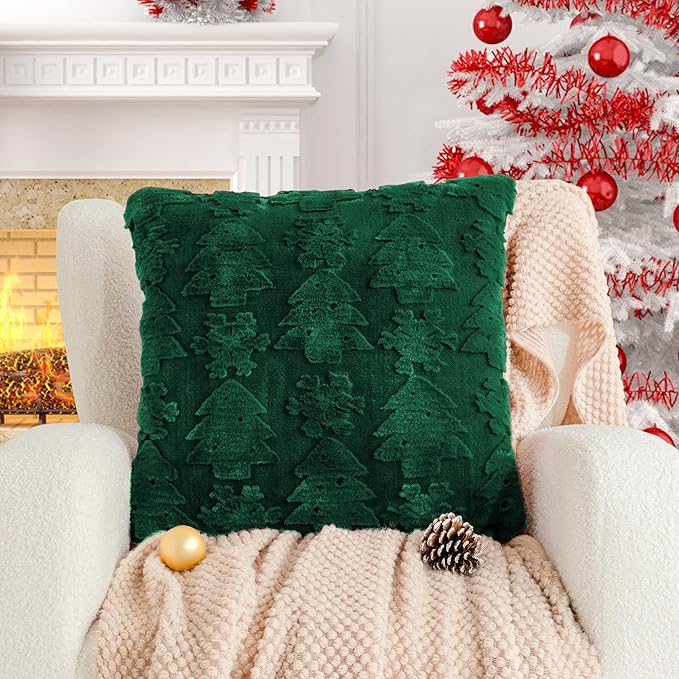 Christmas Pillow Covers 20x20, Soft Faux Rabbit Fur Throw Pillow Covers with 3D Embroidery Christmas Tree and Snowflake Design for Winter Holiday Home Decor, Couch Sofa Bedroom, Green