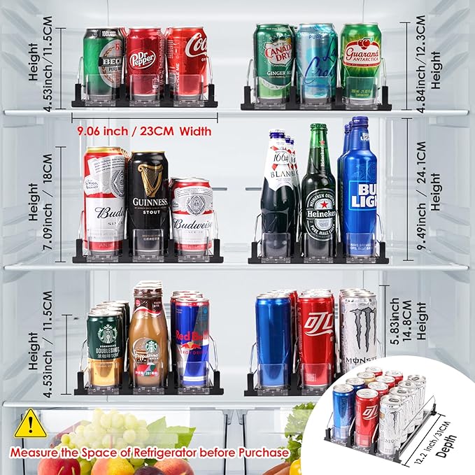Drink Dispenser for Refrigerator, Self-Pushing Soda Can Organizer for Fridge, 3 Rows has been Assembled, Automatic Can Organizer with Spring Loaded for Refrigerator Holds 12 cans, Black
