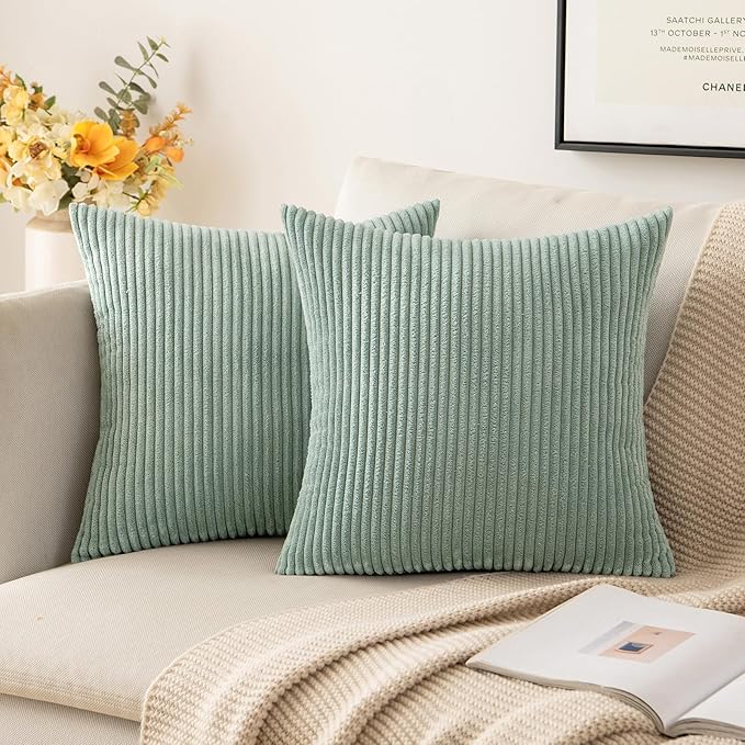 MIULEE Pack of 2 Corduroy Soft Soild Decorative Square Throw Pillow Covers Set Cushion Cases Pillowcases for Sofa Bedroom Couch 18 x 18 Inch Greyish Green