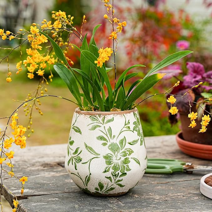 Sungmor Vintage Ceramic Planter Set of 3 - Decorative Indoor & Outdoor Flower Pots with Drainage Holes - Tuscan Décor Pots, 5.7" Ice Crackle Glaze Planters for Home, Kitchen, Patio, and Garden
