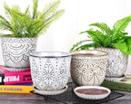 VanEnjoy 5.9 inch Round Bohemian Style Ceramic Planter, Geometry Engrave Off White Brown Succulent Planter Flower Pot, Indoor Outdoor Decorative Planter