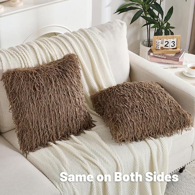 FUTEI Brown Decorative Throw Pillow Covers 26x26 Inch Set of 2,Soft Fluffy Faux Feather Texture Euro Pillow Shams,Modern Home Luxury Decor for Couch Bed Living Room