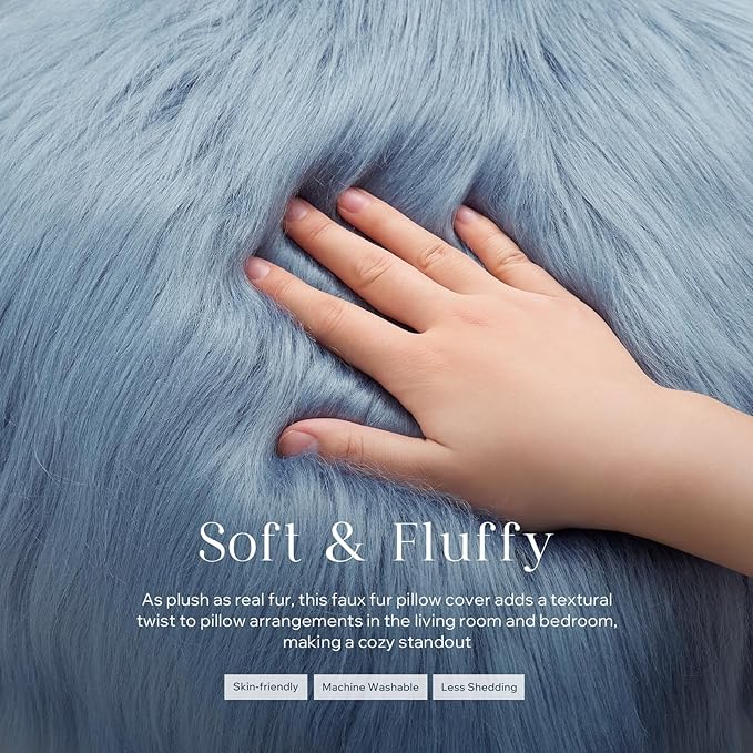 Phantoscope Faux Fur Pillow Cover Decorative Fluffy Throw Pillow Mongolian Luxury Fuzzy Pillow Case Cushion Cover for Bedroom and Couch, Blue 20 x 20 Inches