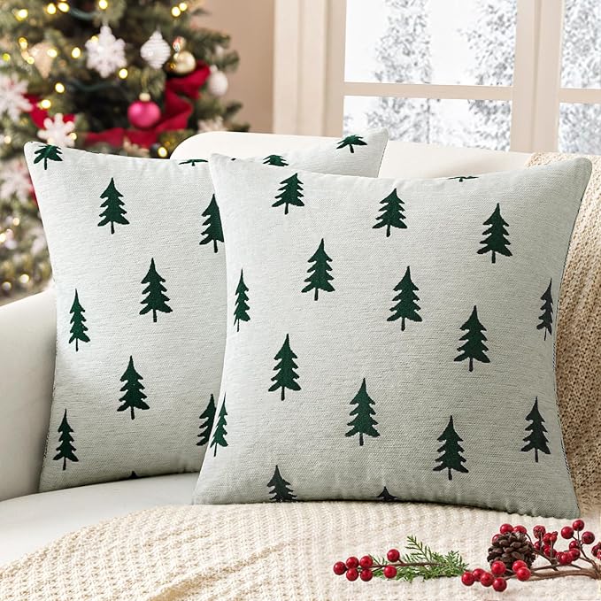 MIULEE Christmas Decorative Chenille Throw Pillow Covers, 20x20 Inch, White Dark Green Tree, Set of 2 Cute Trees with Plaid Patterns Pillows for Sofa Couch Bedroom Chair Xmas Home Decor