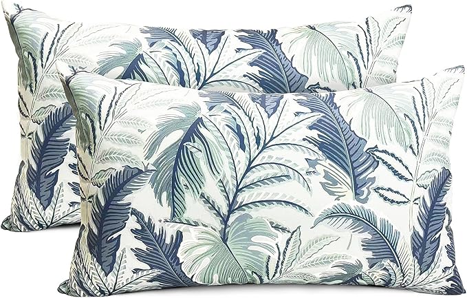 Decorative Throw Pillow Covers Set of 2 Blue Green Large Leaves Pillow Covers 12x20 inch Soft Short Plush Square Floral Throw Pillows,Farmhouse Outdoor Pillow Covers for Couch Living Room
