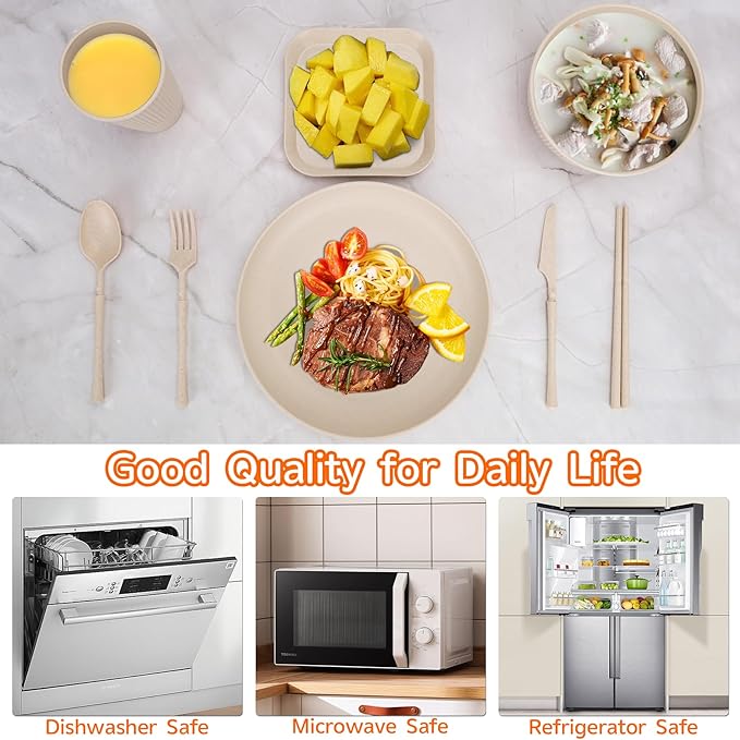 48 Pcs Dinnerware Sets, Unbreakable Plates and Bowls Sets, Reusable Dinnerware Sets for 4 People, Travel Camping Picnic Home Party Cutlery Set, Dishwasher Microwave Safe Dishes