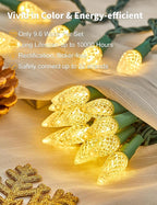 BOHON Christmas Lights Outdoor, Faceted C6 34ft 100 LED String Lights Plug in, Extendable Green Wire Warm White Christmas String Lights for Indoor Xmas Tree Decoration Waterproof UL Certified