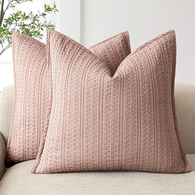 Foindtower Set of 2 Decorative Cotton Waffle Weave Throw Pillow Covers Euro Shams Cushion Covers Accent European Pillowcase for Bed Couch Sofa Bedroom Living Room Home Decor 20×20 Inch Dusty Pink