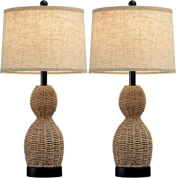 26.5" Rattan Table Lamp Boho Table Lamps Set of 2 for Living Room, Bedside Lamps for Nightstand, Rattan Lamp for Bedroom, Farmhouse Table Lamps for Boho Decor, End Table
