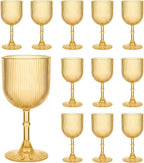 Plastic Wine Glasses 9oz Set of 12, Gold Ribbed Vintage Goblets Unbreakable Reusable BPA-Free Stemmed Drinking Glasses for Parties, Weddings & Events