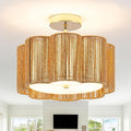 Golden Blossom Boho 3-Light - 14" Handwoven Rattan Flush Mount for Bedroom | Nursery, Eco-Friendly Gold Woven Ceiling Light, Small Gold Lighting, Boho Rattan Light