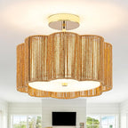 Golden Blossom Boho 3-Light - 14" Handwoven Rattan Flush Mount for Bedroom | Nursery, Eco-Friendly Gold Woven Ceiling Light, Small Gold Lighting, Boho Rattan Light