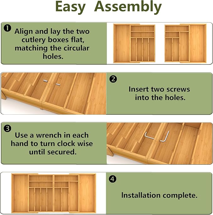 Suli Large Silverware Drawer Organizer，Adjustable Kitchen Flatware for Forks Knives and Spoons， Bamboo Cutlery Utensil Holder,Expandable from 12in-37in，Natural Bamboo