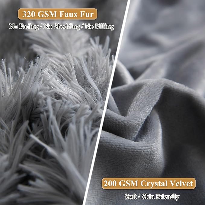 XeGe Faux Fur Throw Pillow Cases, Plush Shaggy Ultra Soft Pillow Covers, Fluffy Crystal Velvet Decorative Pillowcases, Furry Fuzzy Pillow Shams Zipper Closure, Set of 2 (King, Light Gray)