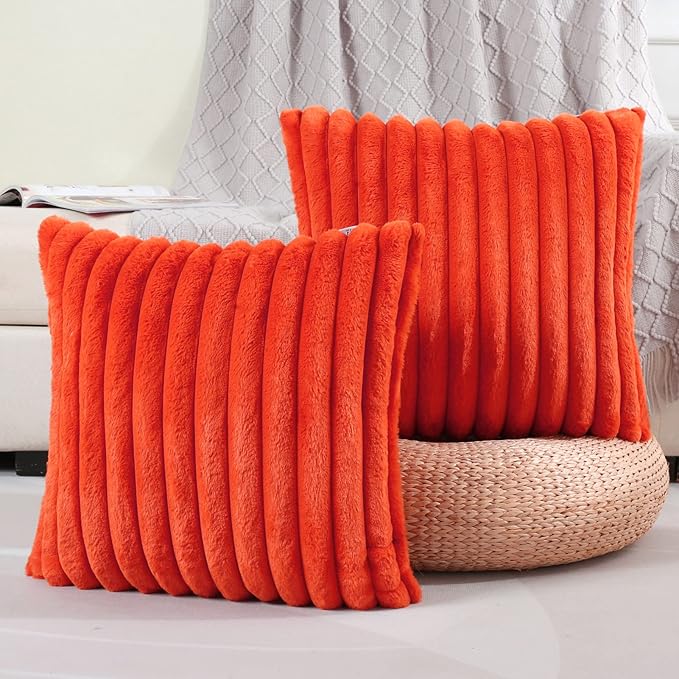 FUTEI Burnt Orange Striped Decorative Throw Pillow Covers 26x26 Inch Set of 2,Square Winter Decorations Couch Euro Pillow Shams,Soft Cozy Faux Rabbit Fur & Velvet Back,Modern Home Decor for Bed