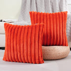 FUTEI Burnt Orange Striped Decorative Throw Pillow Covers 24x24 Inch Set of 2,Square Winter Decorations Couch Euro Pillow Case,Soft Cozy Faux Rabbit Fur & Velvet Back,Modern Home Decor for Bed