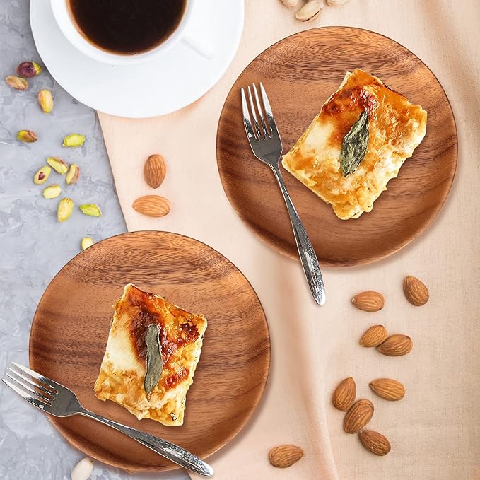 2 Pcs Small Wooden Dessert Plates for Eating Acacia Wood Snack Appetizer Plate 6 inch Mini Cute Salad Dinner Plates Reusable Round Non Toxic Platos Saucer Plate for Food Flat Picnic Serving Dishes