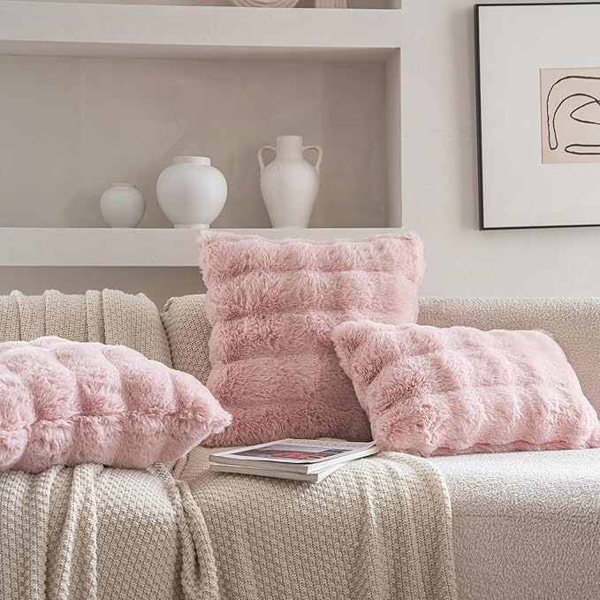 Neelvin Pink Faux Fur Cozy Soft Double-Sided Decorative Throw Pillow Covers 22x22 inch Set of 2,Velvet Pillowcase Cushion Case for Sofa Couch