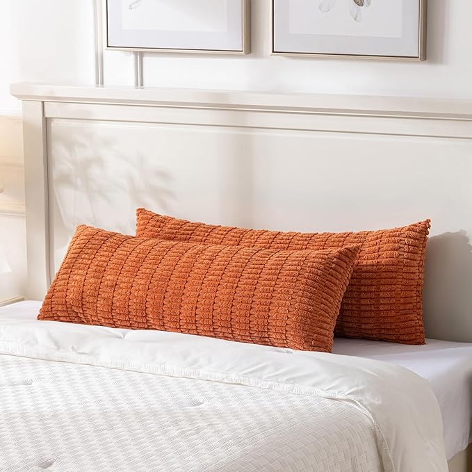 Fancy Homi Burnt Orange Long Body Lumbar Decorative Throw Pillow Cover 14x36 Inch for Bedroom Couch Bed Sofa, Farmhouse Boho Fall Room Decor, Soft Striped Corduroy Rectangle Pillow Case